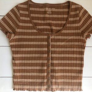 American Eagle AE Ribbed Striped Baby Tee with Ruffled Sleeves Edge
